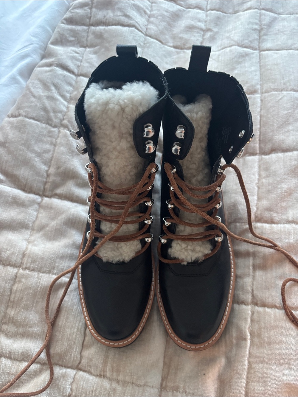 Marc Fisher Black Lace-Up Boots with Brown Laces and Cream Shearling - Picture 1 of 7